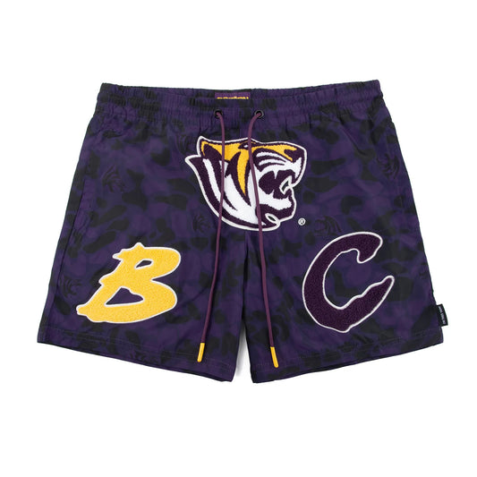 BENEDICT PURPLE CAMO NYLON FRONT TIGER SHORTS - COSIGN1975