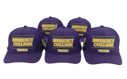 Benedict College Purple Trucker Hat (Hat Only) Front View of Five Hats With Gold Tigers Embroidery FWF SS26 - COSIGN1975