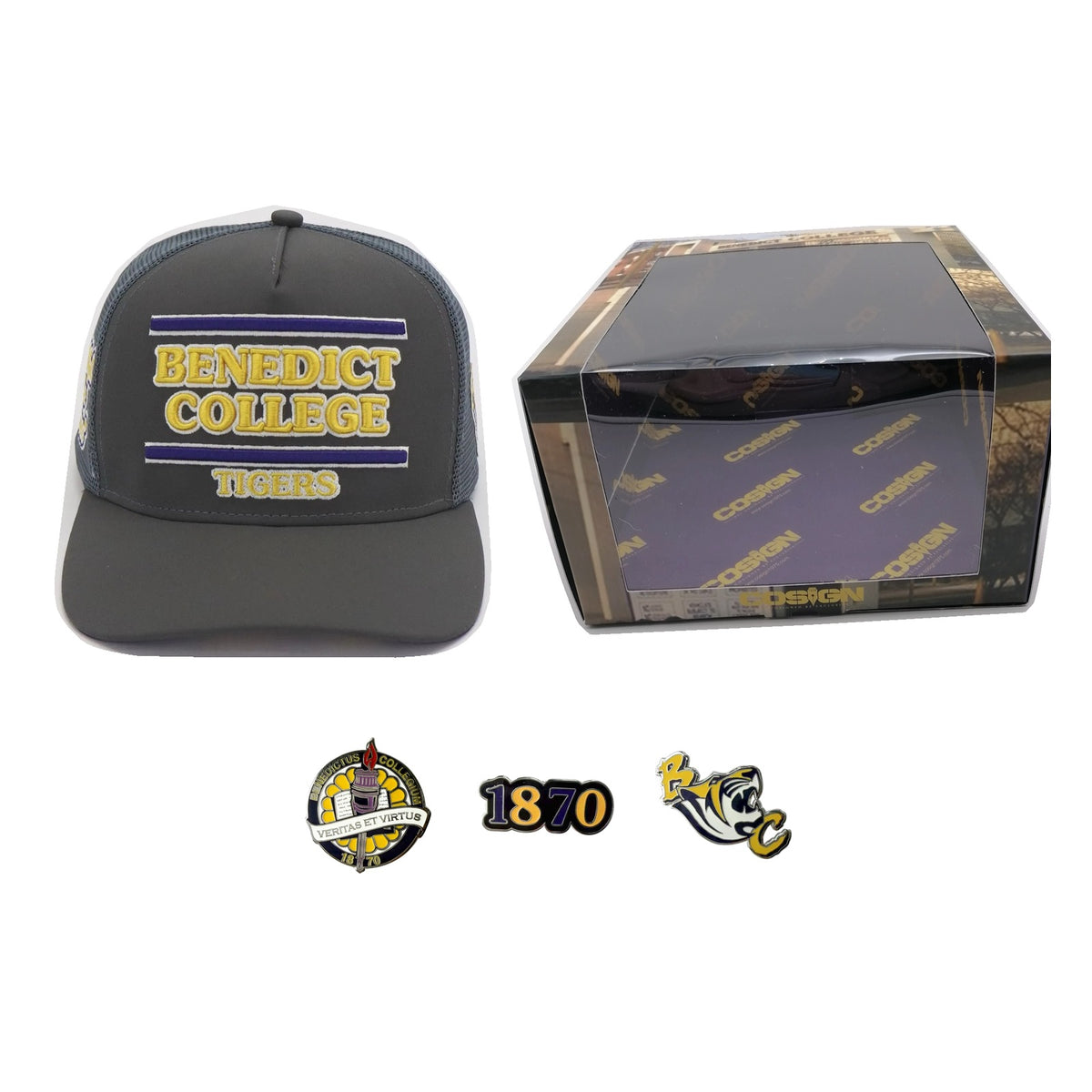 Benedict College Grey Trucker Hat Collector's Box Set With Display Box And Enamel Pins - COSIGN1975