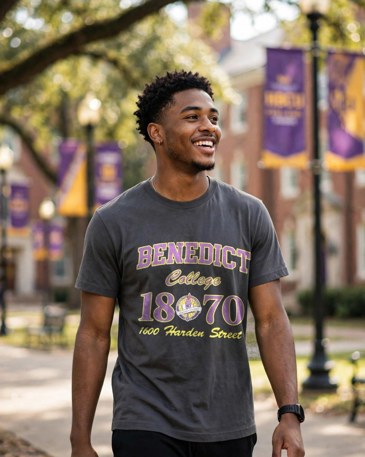 Grey Retro 1870 Benedict College Tee on model — COSIGN1975